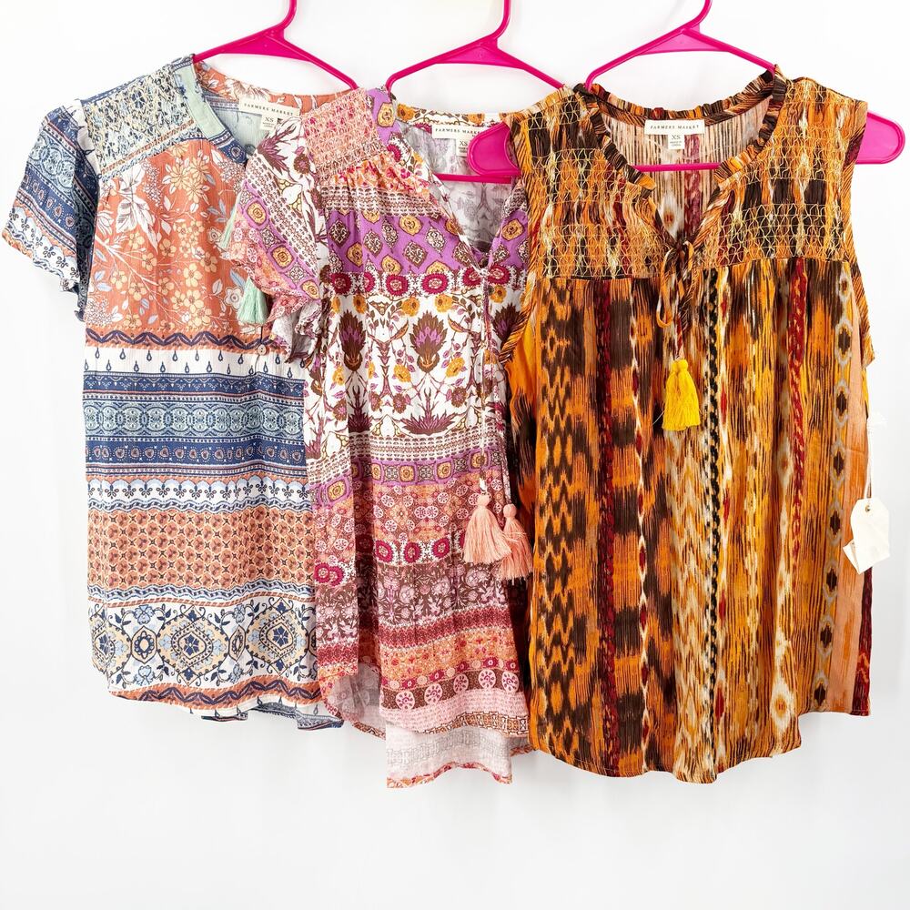 Farmers Market Tops x3 Extra Small NWT Boho Bohemian Bundle Lot Flutter Sleeve
